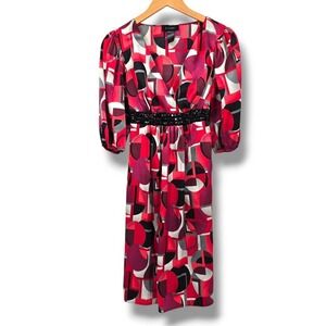 B. Smart Red Geometric Print Midi Dress 3/4 Sleeve Rhinestone Embellished Size 6
